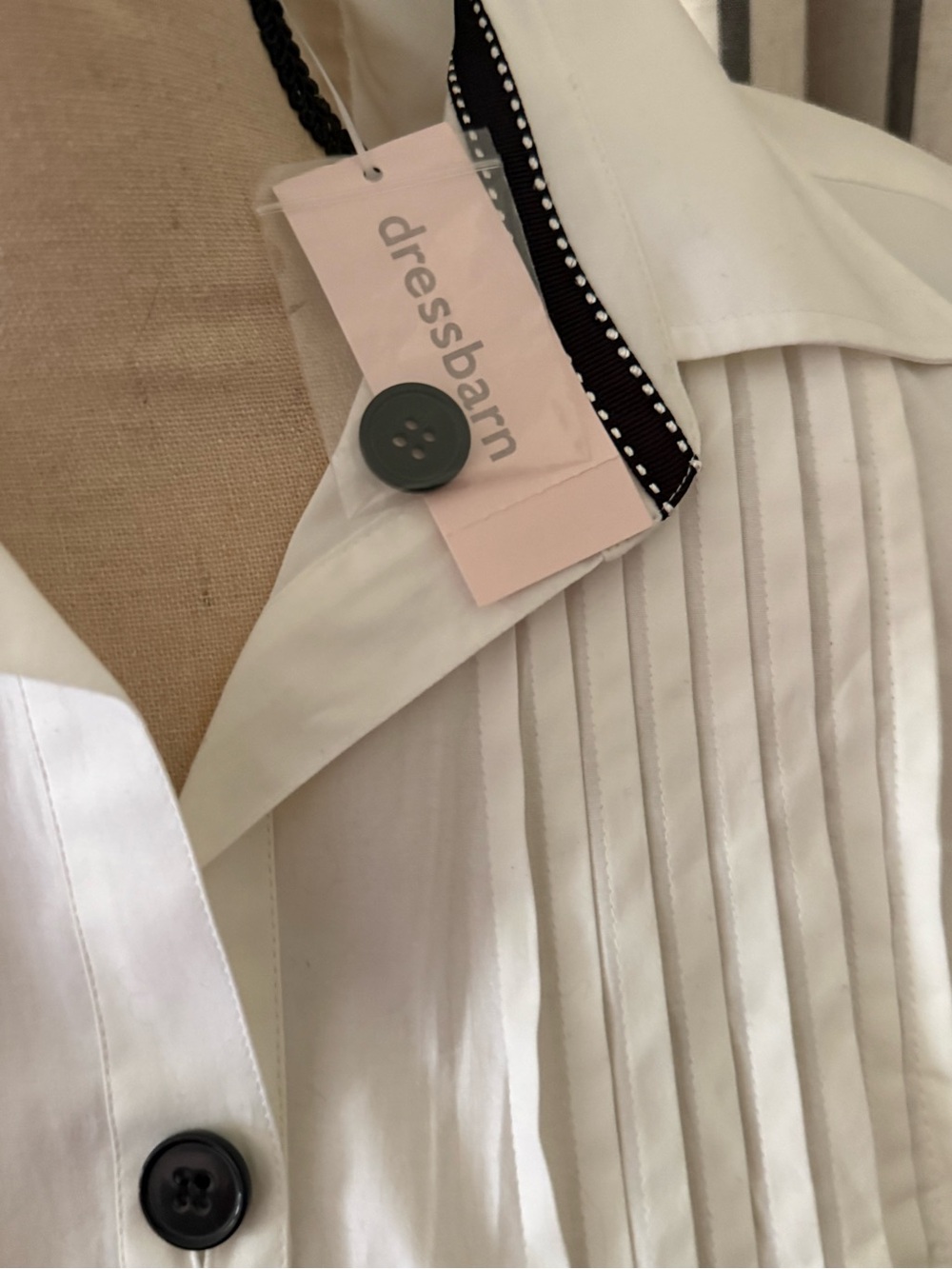 dressbarn White Button-Front Pleated Peplum Top with Black Trim - Picture 3 of 4